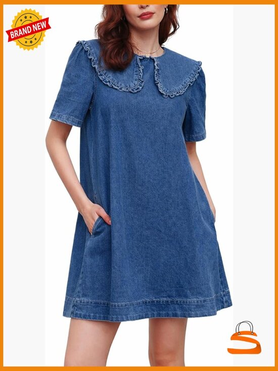 Dresses & Skirts - Peter Pan Collar Denim Mini Dress with Pockets Casual Summer